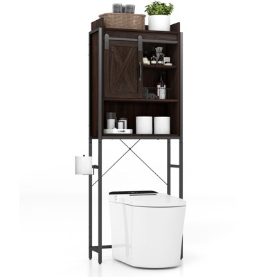 Tangkula Over The Toilet Storage Cabinet 4-Tier Bathroom Organizer w/ Adjustable Shelves Sliding Barn Door & Toilet Paper Holder Rustic Brown/Espresso