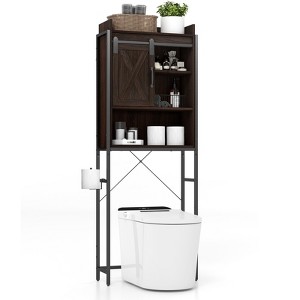 Tangkula Over The Toilet Storage Cabinet 4-Tier Bathroom Organizer w/ Adjustable Shelves Sliding Barn Door & Toilet Paper Holder Rustic Brown/Espresso - 1 of 4
