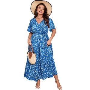 Whizmax V Neck Wrap Maxi Dress for Plus Size Women High Waist Ruffle Summer Casual Floral Dress with Belt - 1 of 4