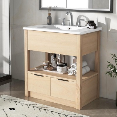 30"W Bathroom Vanity with Sink Top, Bathroom Cabinet with Open Storage Shelf and 2 Drawers - ModernLuxe