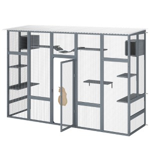 Sevobal Pet Crates and Houses Cat Enclosure boasting, 6 Leaping Platforms, 2 Feline Condos, a Catwalk, and a Scratching Panel, Gray, 100.78"*35.4"*72" - 1 of 4