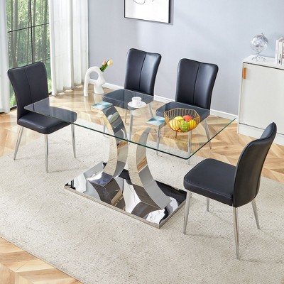 NicBex 5 PCS/7 PCS Tempered Glass Dining Table Set with X-Shaped Stainless Steel Legs,4/6 PU Chairs for Kitchen/Apartment
