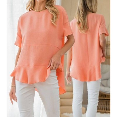 Women's Coral Round Neck Ruffle Hem Top - Sew In Love