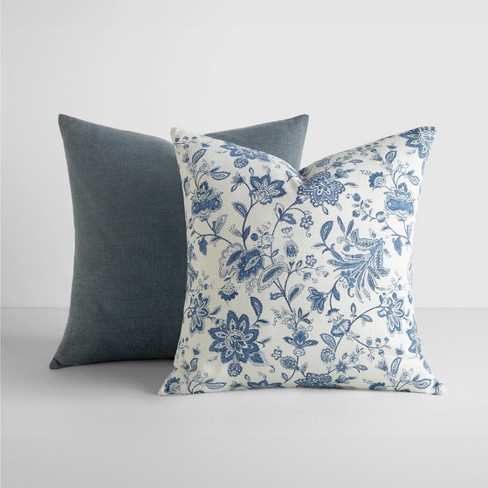 2-pack Cotton Slub Navy Distressed Floral Throw Pillows And Pillow