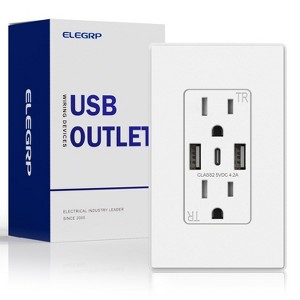 ELEGRP 3 Ports Dual Type A & Type C USB Charger Wall Outlet, 15 Amp Tamper-Resistant Outlet, with Wall Plate, White(1 Pack) - 1 of 1