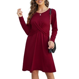 Coolmee Women's Long Sleeve Midi Dress Fall Crewneck Twist Front Casual A-Line Swing Dress - 1 of 4