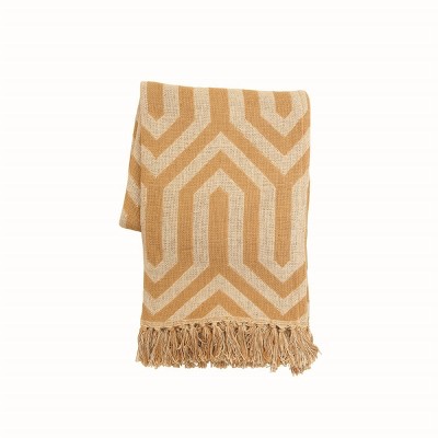 Mustard and Cream Pattern Hand Woven 50 x 60 inch Cotton Throw Blanket with Hand Tied Fringe - Foreside Home & Garden