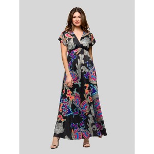 24seven Comfort Apparel Womens Black Paisley Print V Neck Empire Waist Cap Sleeve Maxi Dress - 1 of 4
