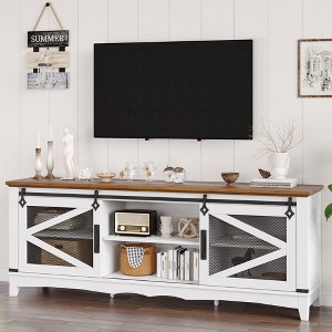 75 Inch TV Stand, Farmhouse Entertainment Center with Sliding Barn Doors, Media Console with 2 Open Shelves & 2 Cabinets, White and Brown - 1 of 4