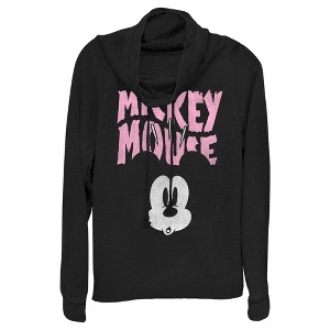 Juniors Womens Mickey & Friends Surprised Pink Logo Cowl Neck Sweatshirt - 1 of 4