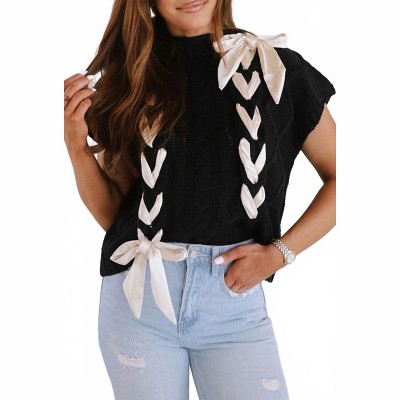 Women's Satin Bow Cable Knit Sweater Vest - dear lover