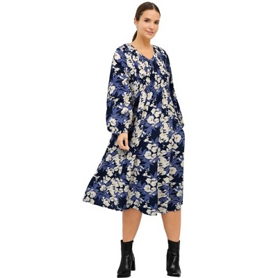 ellos Plus Size Smocked Bodice V-Neck Midi Dress