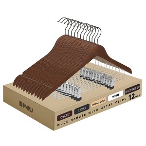 BP4U 12 Pack Premium Wooden Suit Hangers with Adjustable Clips, Solid Wood Skirt & Pant Hangers with 360° Swivel Hook, Space-Saving Design - 1 of 4