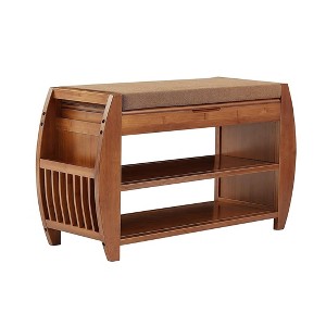 Shoe Stool, Entrance Shoe Cabinet, Bamboo Wooden Shoe Organizer with Hidden Storage Space, Removable Cushions - 1 of 4