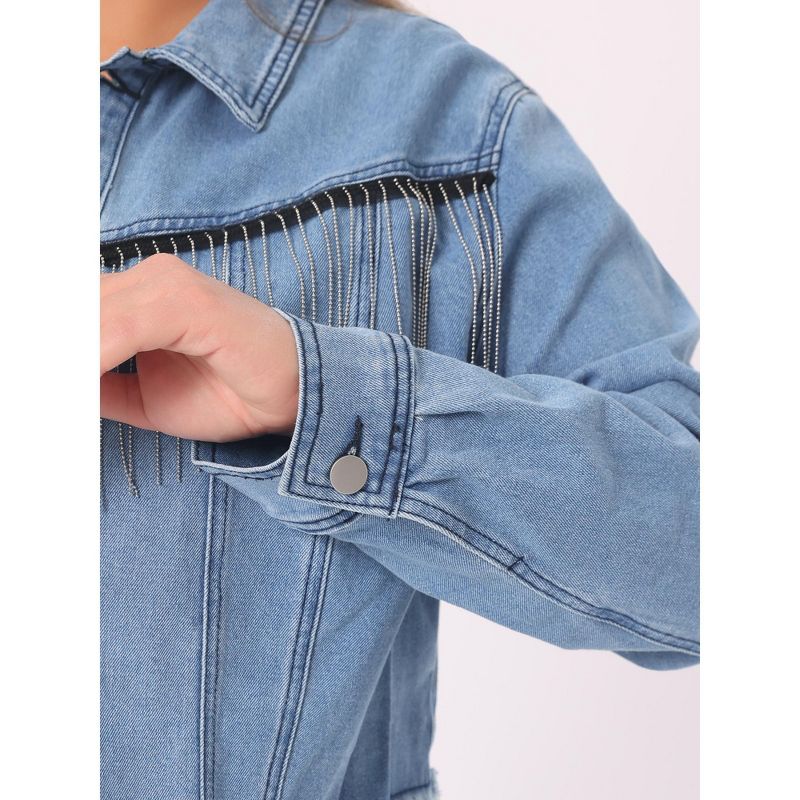Agnes Orinda Women's Plus Size Frayed Hem Tassel Long Sleeve Button Up Casual Crop Jean Jackets, 5 of 6