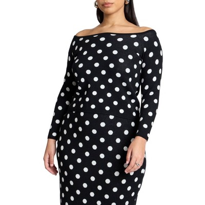 ELOQUII Women's Plus Size Off The Shoulder Dot Pattern Sweater