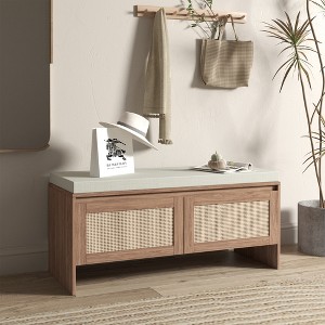 KTMBDW Rattan Storage Bench with Cushion, Rattan Shoe Cabinet with 2 Doors, Mid-Century Wood Entryway Seat for Bedroom, Hallway, Mudroom, Natural - 1 of 4