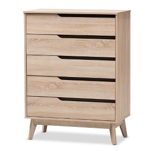 Fella Mid-Century Modern Two-Tone Wood 5 Drawer Chest Brown - Baxton Studio: Oak & Gray Finish, Bedroom Storage - 1 of 4