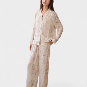 Anna-Kaci Lounge Women's Long Sleeve Pajama Set Watercolor Floral Print Button-Up Top with Relaxed Wide Leg Pants - 1 of 4