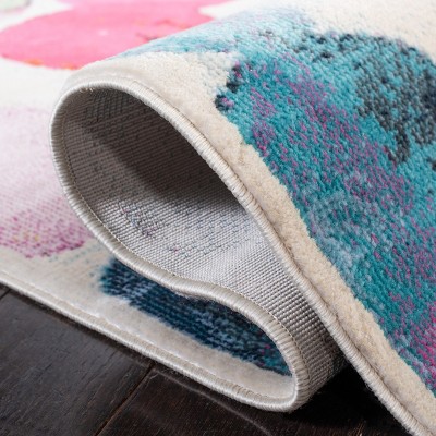 Light Blue and Pink Floral Synthetic Stain-Resistant Area Rug