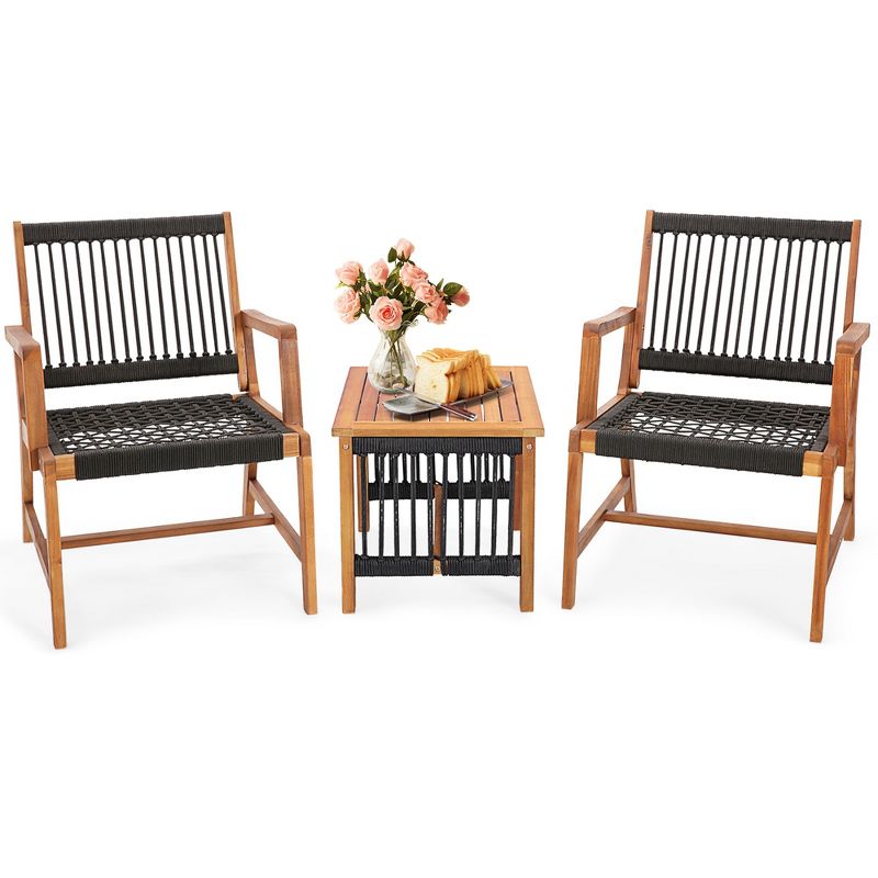 Costway Patio 3pcs  Acacia Wood Outdoor Furniture  Bistro Set All-Weather Rope Woven, 4 of 9