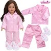 Sophia's Satin Button Up Pajama Top and Bottoms with Piping Plus Fluffy Bunny Slippers for 18 Inch Dolls, Pink/White - 3 of 4