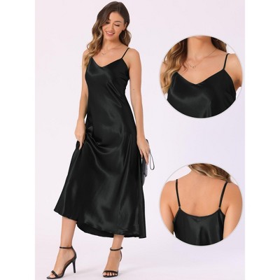 Женские платья INSPIRE CHIC Women's Satin Sleeveless V Neck Spaghetti Strap Evening Party Maxi Dress Black Small — фото 3