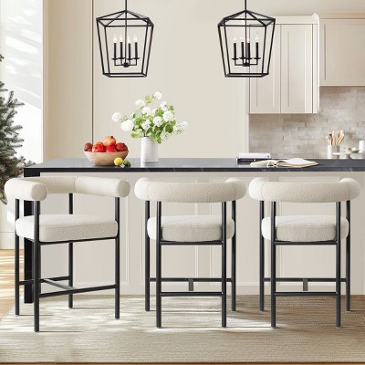 Modern Boucle Counter Height Stools with Cruved Backs and Arm Beige Bar Stools for Kitchen, Island, and Living Room—Tanpinhause