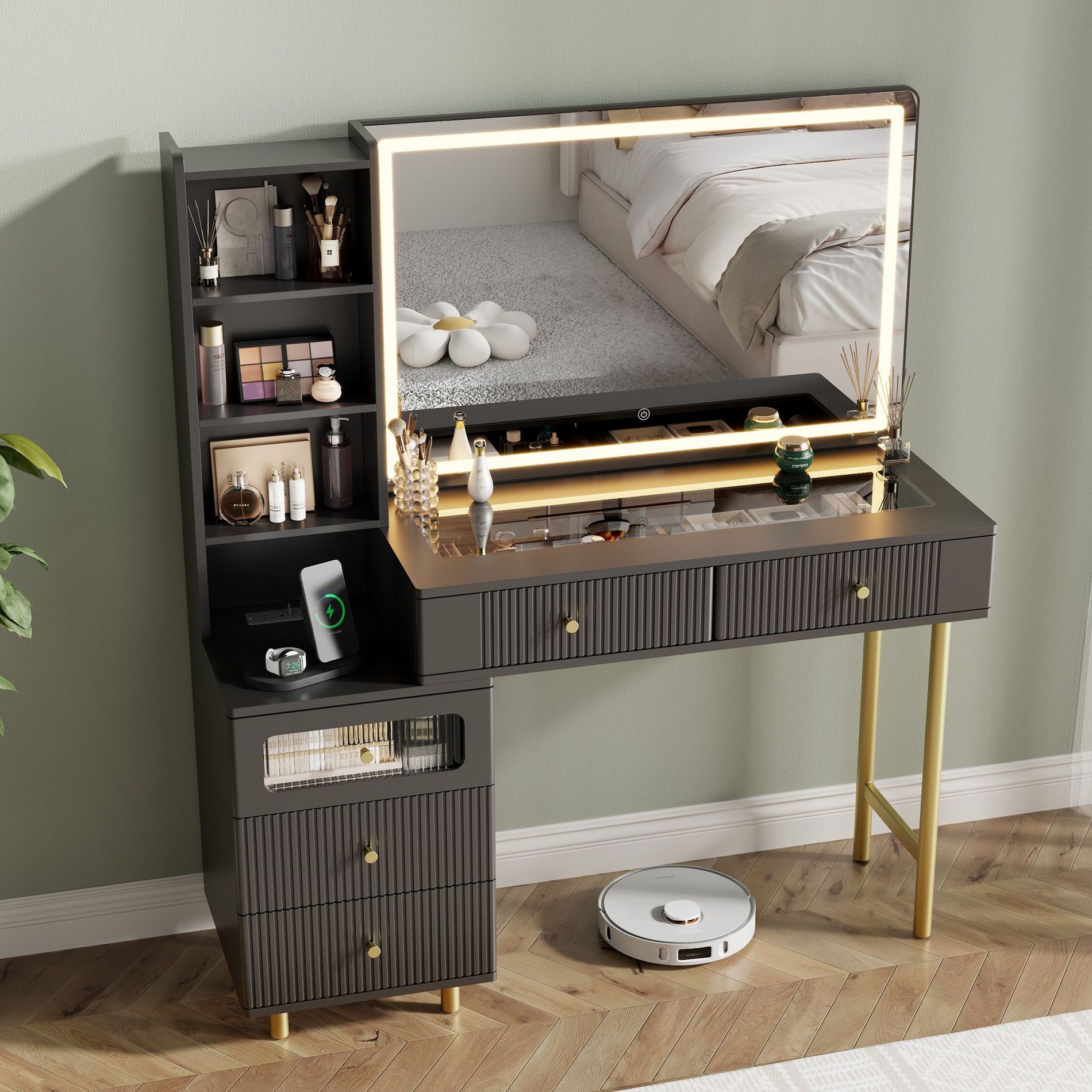 48" Makeup Vanity with Mirror and Lights, Fluted Modern Vanity with Glass top & Storage Cabinet