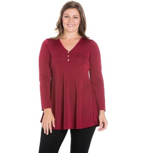 24seven Comfort Apparel Womens Flared Long Sleeve Plus Size Henley Tunic Top - 1 of 4
