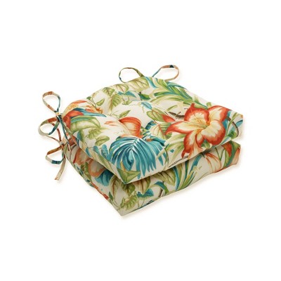 2pk Botanical Glow Tiger Lily Reversible Outdoor Chair Pad Blue - Pillow Perfect: Weather & Fade-Resistant, Tufted with Ties