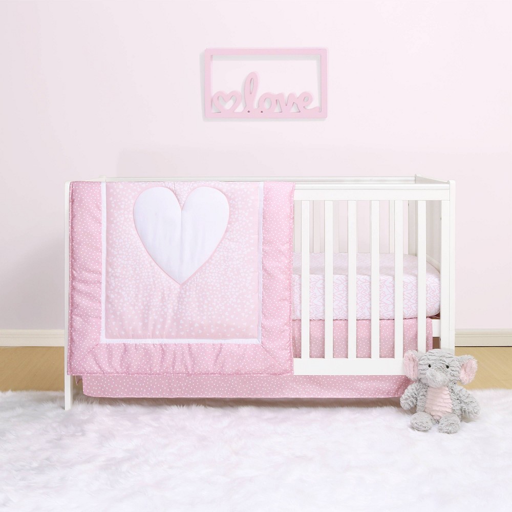 The Peanutshell Belle Hearts 4pc Crib Bedding Set Pink White
