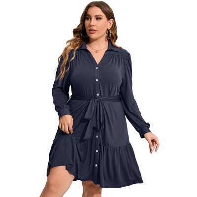 Clearlove Women's Plus Size Dresses Buttons Belted Long Sleeves Casual Midi Dress
