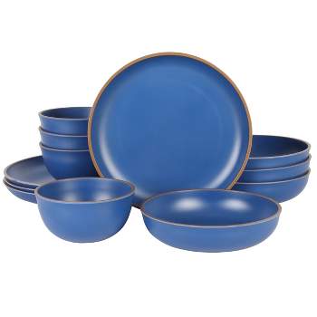 Gibson Home Rockabye 12 Piece Double Bowl Malemine Dinnerware Set in Blue