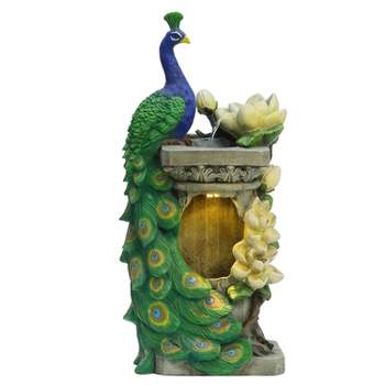 LuxenHome Resin Blue and Green Peacock Outdoor Fountain Garden Fountain with LED Light Multicolored