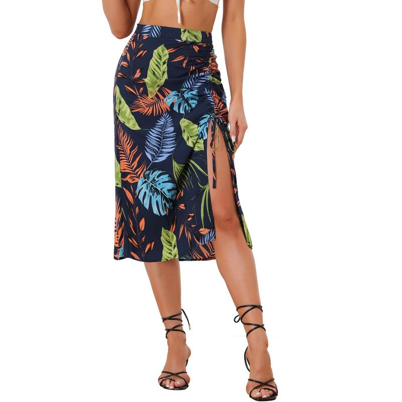 Allegra K Women's Summer Beach Ruched Front Tropical Skirt with Slit, 1 of 6