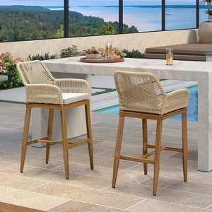 PURPLE LEAF Outdoor Rattan Bar Stools Set of 2 Modern Boho Aluminum Patio Bar Height Chair with Cushion for Garden Outdoor and Indoor - 1 of 1