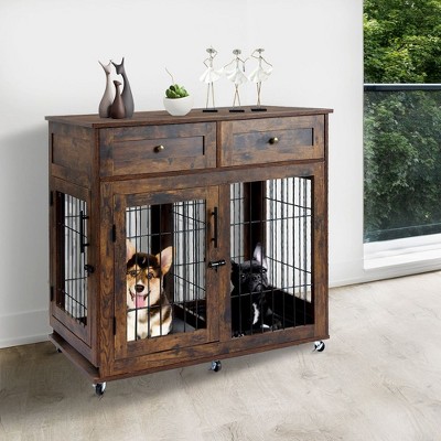 Furniture-Style Dog Crate - Modern Wooden Pet Kennel with Wheels, XXL Heavy Duty Dog Cage As End Table, Multi-Functional Living Room Pet Furniture