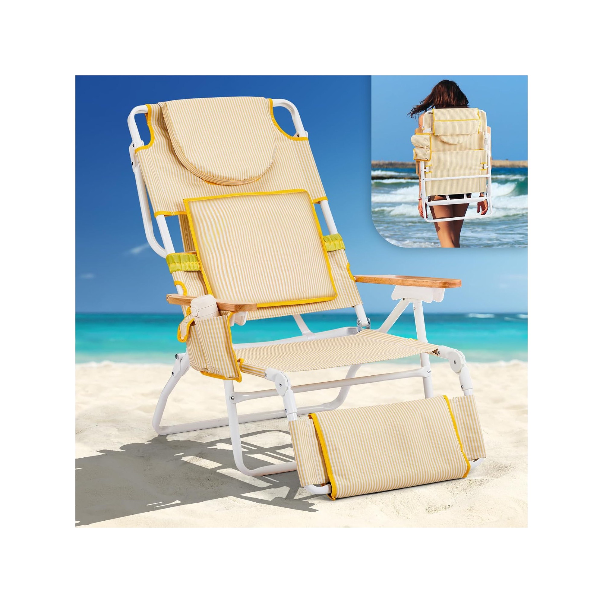 VINGLI Deluxe 3 in1 Beach Chair, Tanning Chair with Face Hole, Reclining Lounge with Foot Rest, Cup Holder and Storage Bag，Beach Lounge