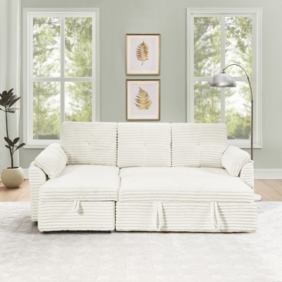 Corduroy Tufted Upholstered L-Shaped Sleeper Sectional Sofa with Storage Chaise, Pull Out Sleep Couch Bed and Reclining Backrest