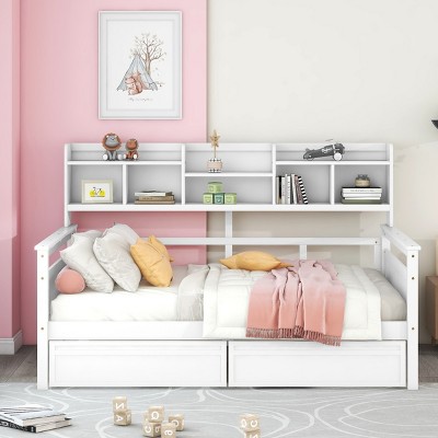 Daybed,Wood Slat Support Daybed Frame With Bedside Shelves And Two Drawers,Daybed Storage,Daybed For Bedroom-Cuddlewood