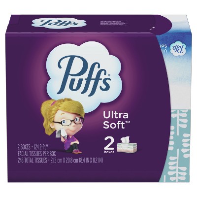 Puffs Ultra Soft Facial Tissues, 2 Family Size Boxes, 124 Facial Tissues Per Box