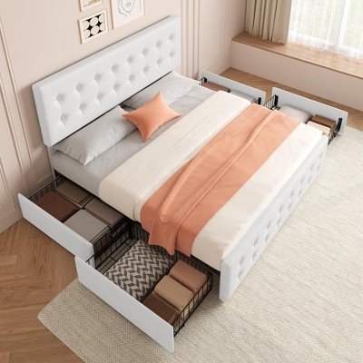 Bed Frame with 4 Storage Drawers and Headboard, Linen Upholstered Platform Bed Frame with Wooden Slats Support