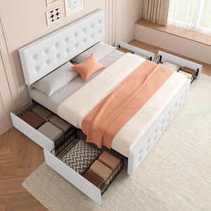 Bed Frame with 4 Storage Drawers and Headboard, Linen Upholstered Platform Bed Frame with Wooden Slats Support - 1 of 4