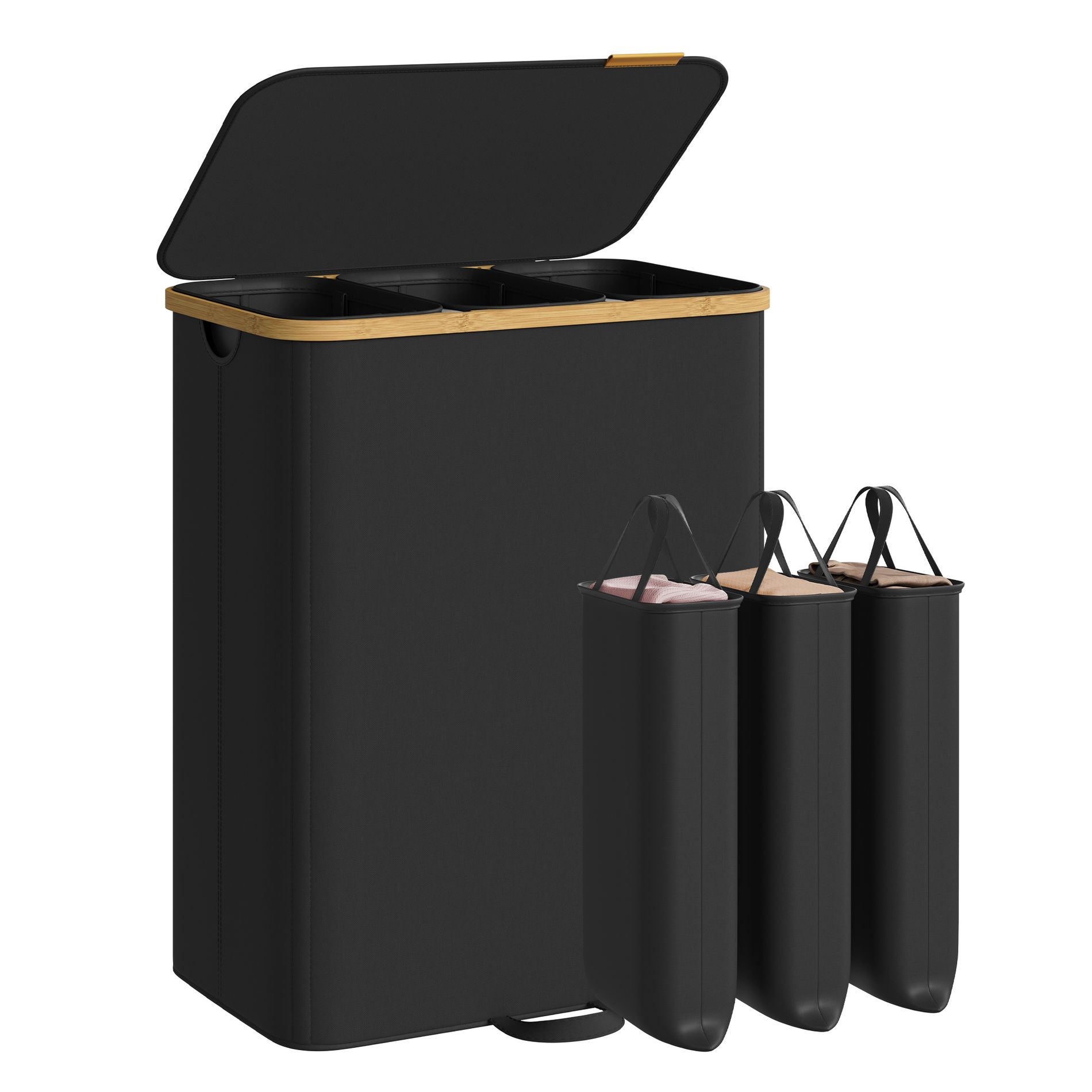 SONGMICS Laundry Hamper, Laundry Sorter with Lid, Storage Basket Bin, Removable Liners, Bamboo Frame, 3 Sections, 44.9 Gal. (170 L), Ink Black