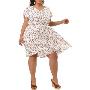Women's Plus Size Floral V Neck Flare Sleeve Elastic Waist Casual A Line Midi Dresses - Agnes Orinda - 1 of 4