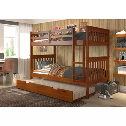 Twin/Twin Mission Bunk Bed with Trundle Bed Light Espresso Finish - Donco Kids