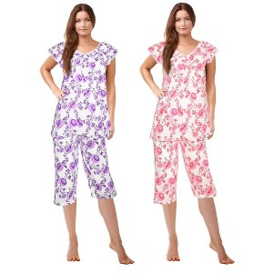 JEFFRICO Pajamas For Women 2 Pack Capri Set Sleepwear Soft Pajamas Short Sleeve Pajamas Sleepshirt With Capri Pants Pink Purple, 2X - 1 of 4