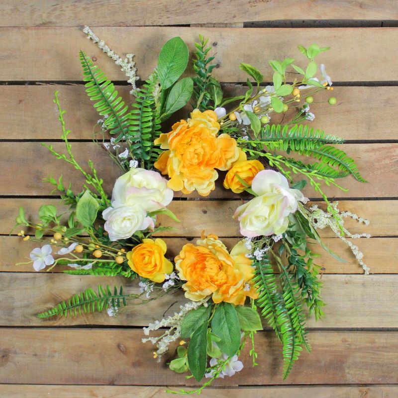 Northlight Hydrangea and Rose Twig Artificial Floral Wreath, Orange 16-Inch, 2 of 4
