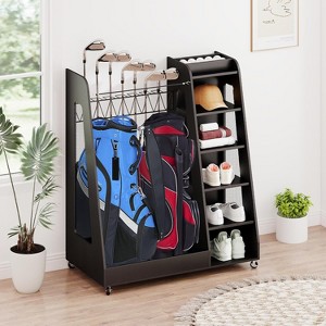 Zevemomo Wooden Golf Bag Organizer and Storage Rack, 2 Golf Bag Storage Rack with Wheels, for Garage, Suitable for Garage Home Golf Club, Black - 1 of 4